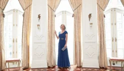 Petite Long Cowl Neck A-Line Matte Jersey Dress With Pleated Bodice Detail, Cowl Back, And Embellishment Detail