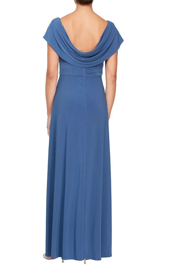 Petite Long Cowl Neck A-Line Matte Jersey Dress With Pleated Bodice Detail, Cowl Back, And Embellishment Detail