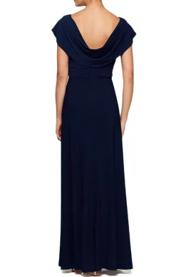 Petite Long Cowl Neck A-Line Matte Jersey Dress With Pleated Bodice Detail, Cowl Back, And Embellishment Detail