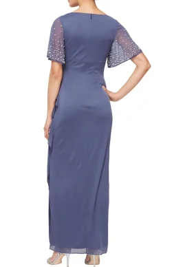 Petite Long Empire Waist Dress With Surplice Neckline & Embellished Flutter Sleeves