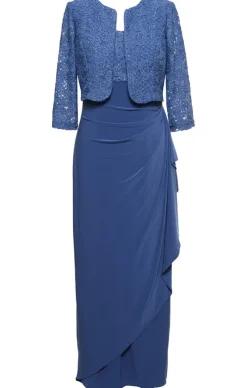 Petite Long Empire Waist Bolero Jacket Dress With Open Jacket, Scoop Neck Bodice And Cascade Detail Skirt