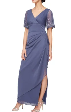 Petite Long Empire Waist Dress With Surplice Neckline & Embellished Flutter Sleeves