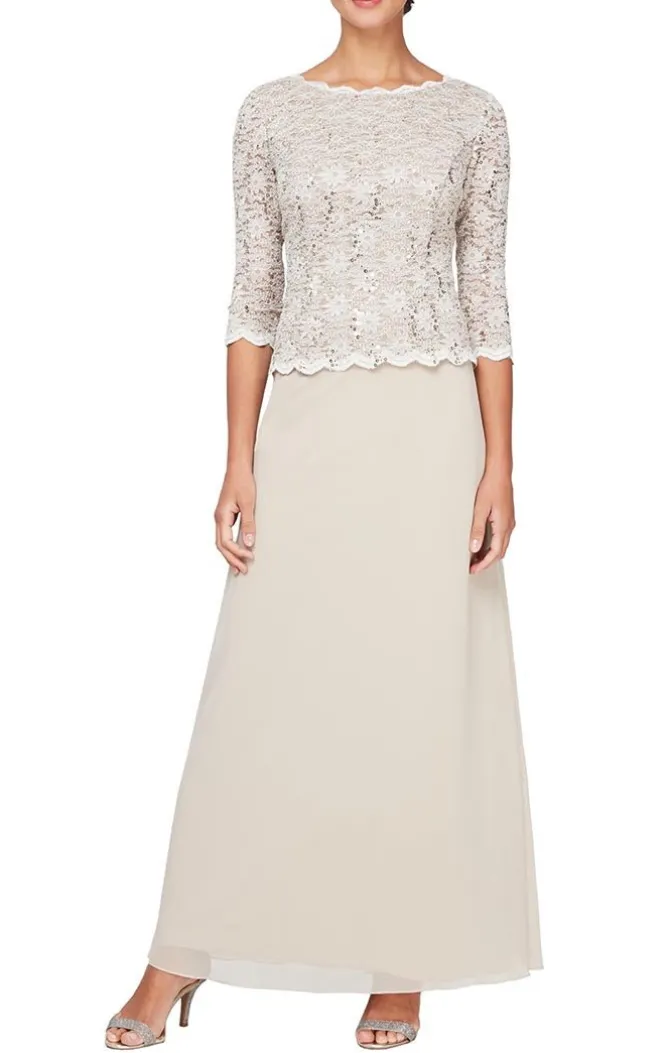 Petite Long Gown With Sequin Lace Bodice & Chiffon Skirt