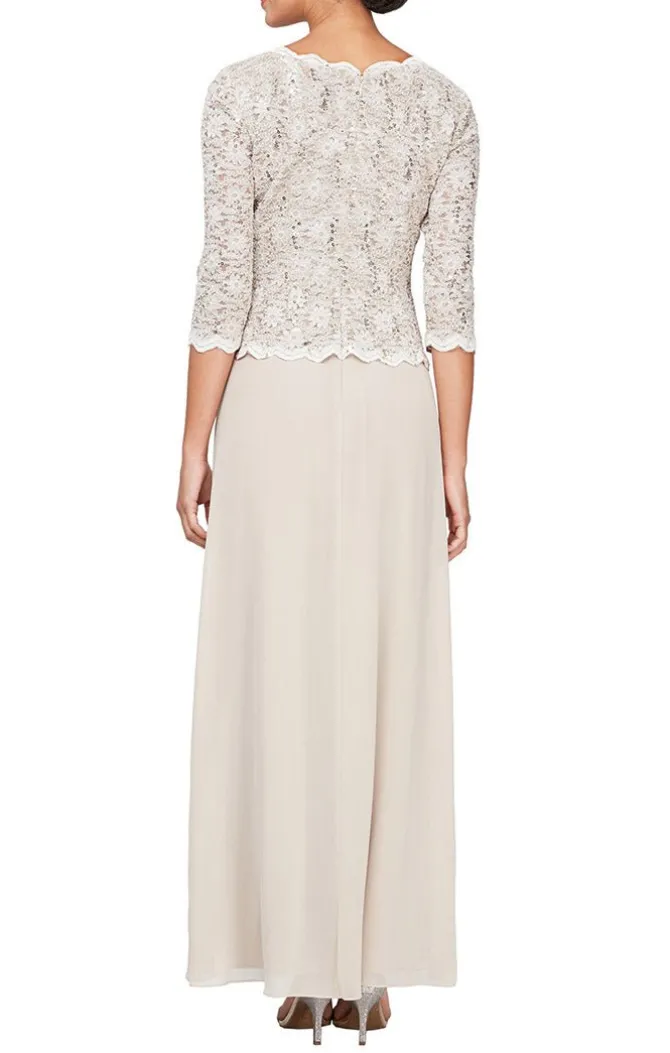 Petite Long Gown With Sequin Lace Bodice & Chiffon Skirt