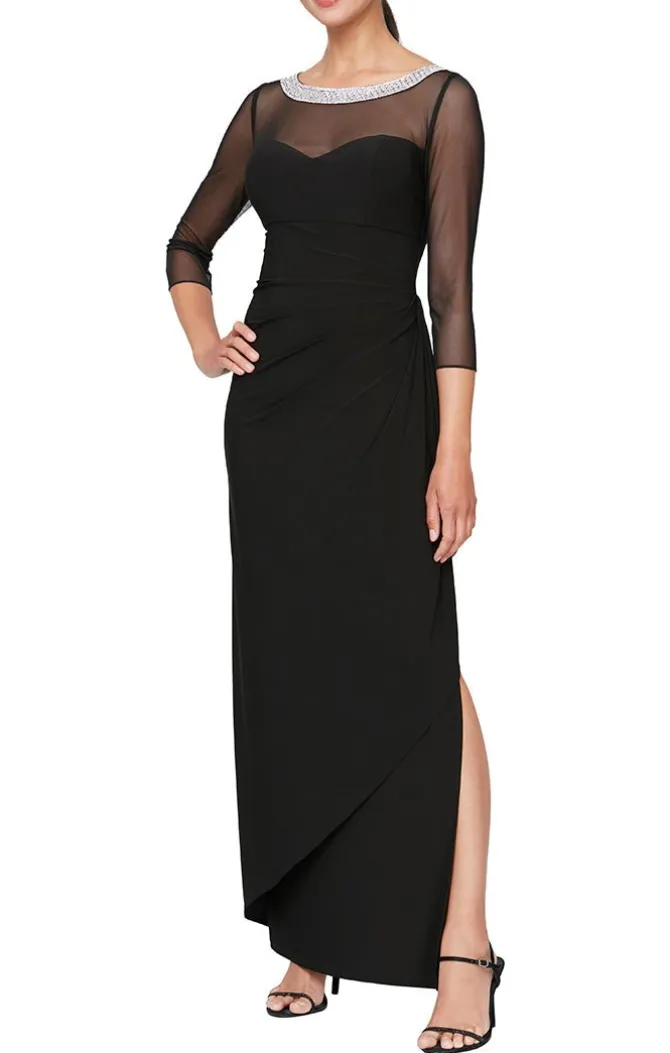 Petite Long Matte Jersey Illusion 3/4 Sleeve Side Ruched Dress With Embellished Neckline