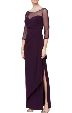 Petite Long Matte Jersey Illusion 3/4 Sleeve Side Ruched Dress With Embellished Neckline