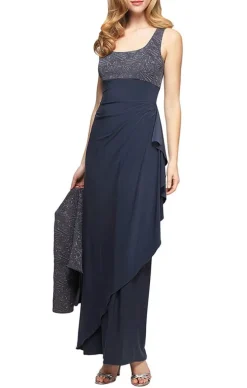 Petite Long Side Ruched Glitter Jacquard Knit & Matte Jersey Gown With Bolero Jacket