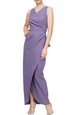 Petite Long Sleeveless Compression Sheath Gown With Surplice Neckline, Cascade Detail Skirt And Beaded Detail At Hip