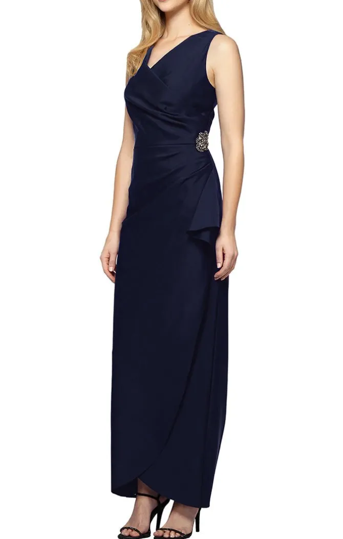 Petite Long Sleeveless Compression Sheath Gown With Surplice Neckline, Cascade Detail Skirt And Beaded Detail At Hip