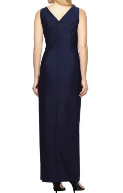 Petite Long Sleeveless Compression Sheath Gown With Surplice Neckline, Cascade Detail Skirt And Beaded Detail At Hip