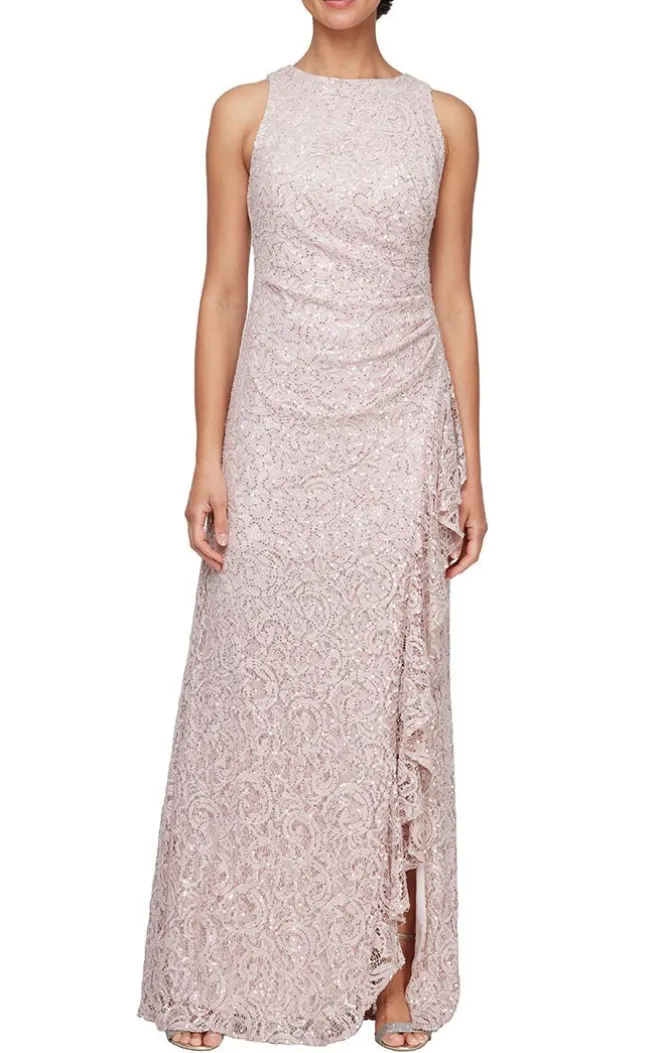 Petite Long Sleeveless Sequin Lace Dress With Cascade Ruffle Front Slit