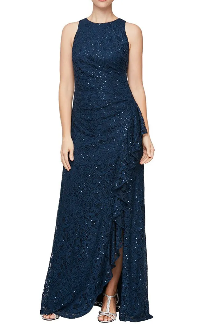 Petite Long Sleeveless Sequin Lace Dress With Cascade Ruffle Front Slit