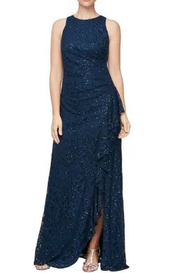 Petite Long Sleeveless Sequin Lace Dress With Cascade Ruffle Front Slit