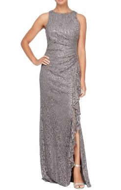 Petite Long Sleeveless Sequin Lace Dress With Cascade Ruffle Front Slit