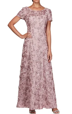 Petite Long Tte A-Line Gown With Sequin Detail & Short Illusion Sleeves