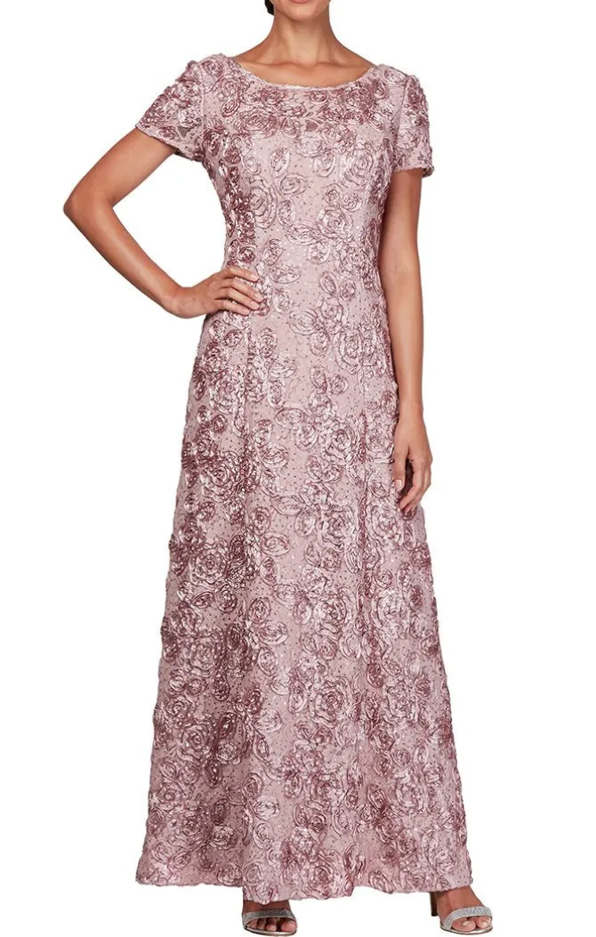 Petite Long Tte A-Line Gown With Sequin Detail & Short Illusion Sleeves