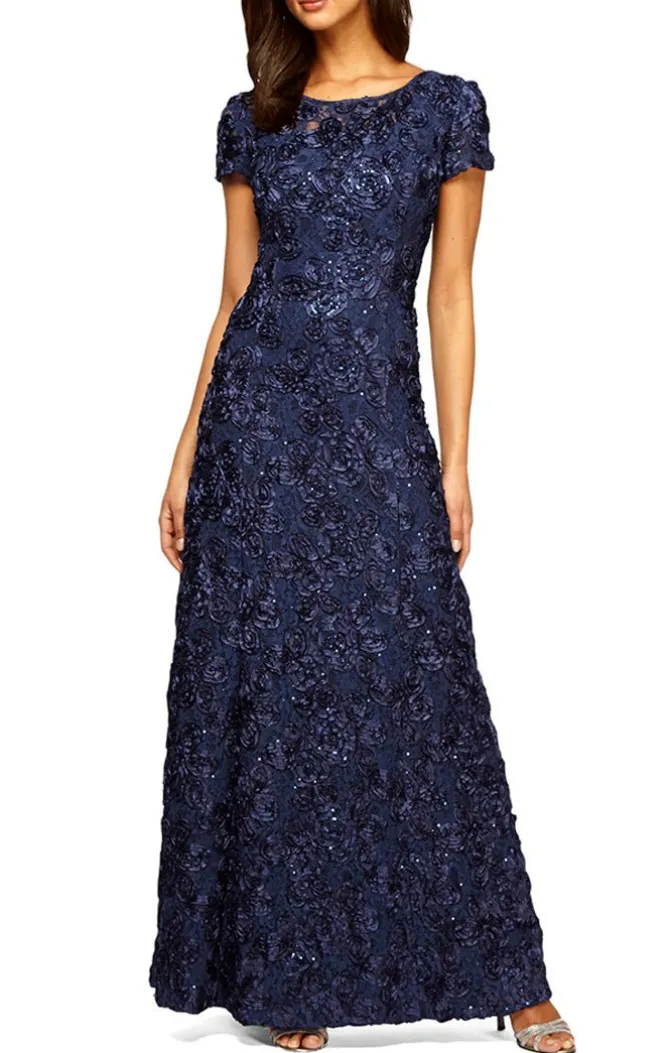 Petite Long Tte A-Line Gown With Sequin Detail & Short Illusion Sleeves