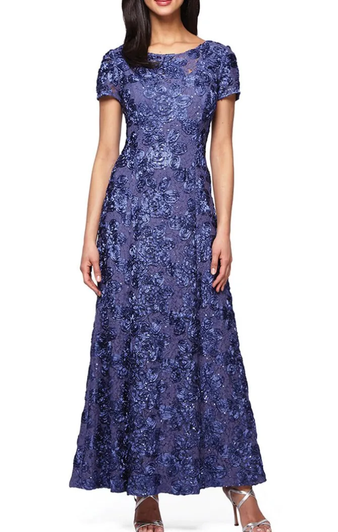 Petite Long Tte A-Line Gown With Sequin Detail & Short Illusion Sleeves