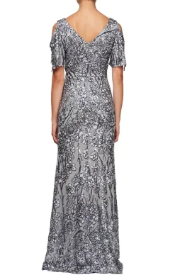 Petite Long V-Neck A-Line Sequin Dress With Cold Shoulder Flutter Sleeve