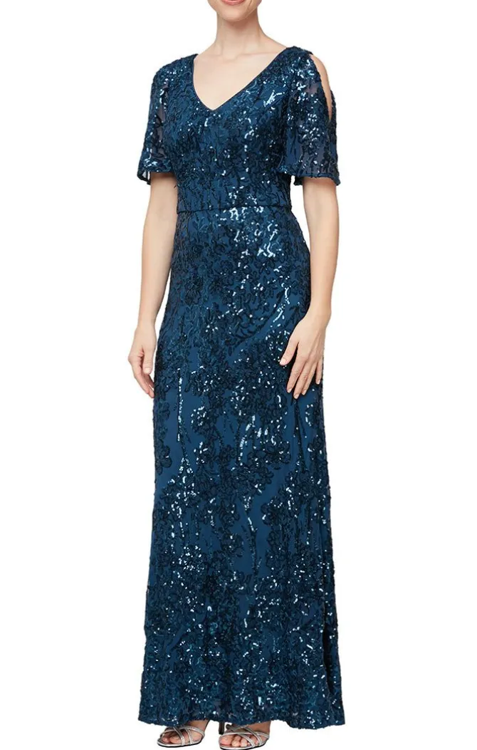 Petite Long V-Neck A-Line Sequin Dress With Cold Shoulder Flutter Sleeve