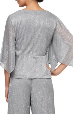 Petite Metallic Knit Blouse With Tie Waist Detail