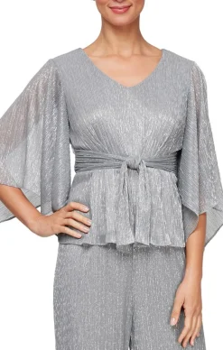 Petite Metallic Knit Blouse With Tie Waist Detail