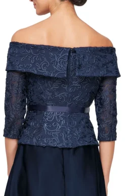 Petite Off-The-Shoulder Soutache Blouse With Tie Belt And Illusion Sleeves