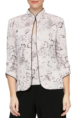 Petite Printed Glitter Knit Mandarin Neck Twinset With Hook Neck Closure Jacket And Scoop Neck Tank