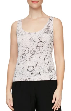 Petite Printed Glitter Knit Mandarin Neck Twinset With Hook Neck Closure Jacket And Scoop Neck Tank