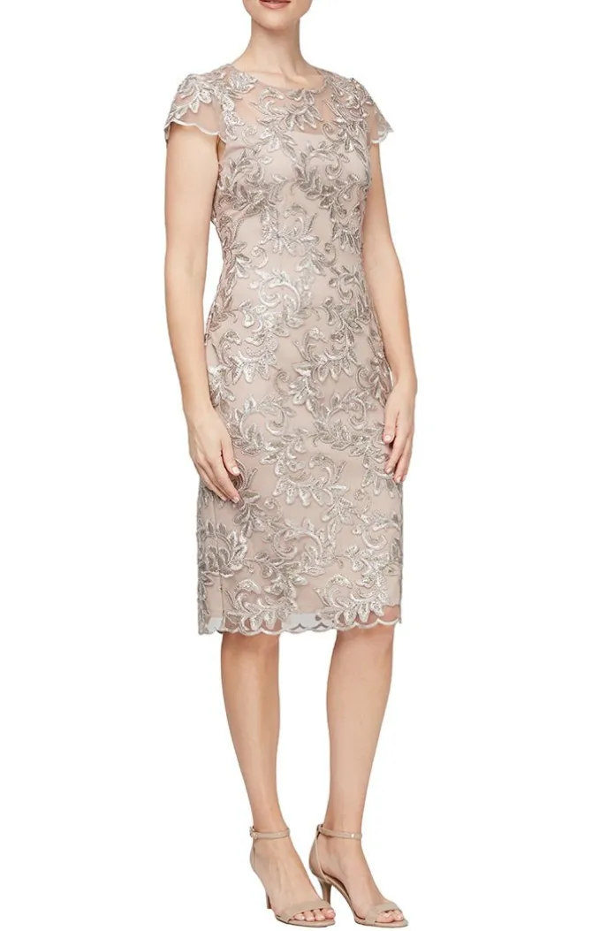 Petite Short Embroidered Sheath Dress With Illusion Neckline And Cap Sleeves