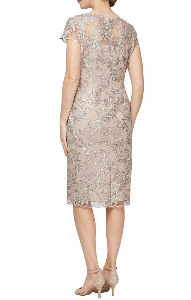 Petite Short Embroidered Sheath Dress With Illusion Neckline And Cap Sleeves