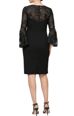Petite Short V-Neck Sheath Crepe Dress With Illusion Neckline & Cascade Bell Sleeves