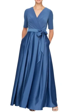 Petite Surplice Neckline Ballgown With Full Satin Skirt & Jersey Bodice