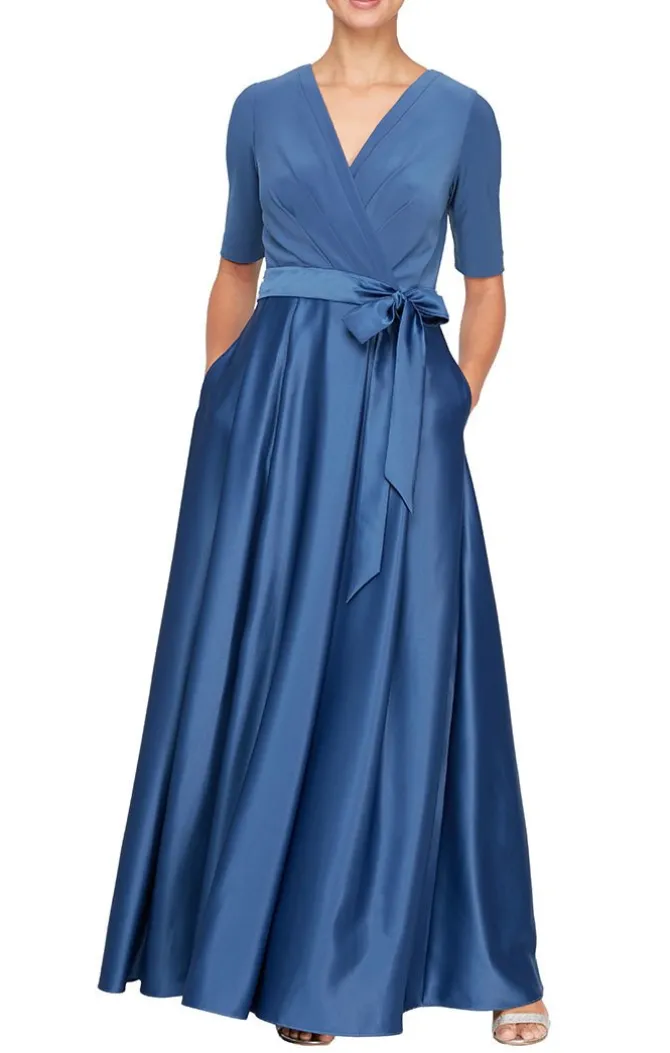 Petite Surplice Neckline Ballgown With Full Satin Skirt & Jersey Bodice