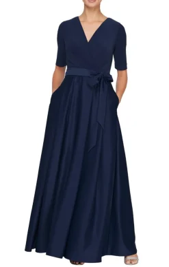 Petite Surplice Neckline Ballgown With Full Satin Skirt & Jersey Bodice
