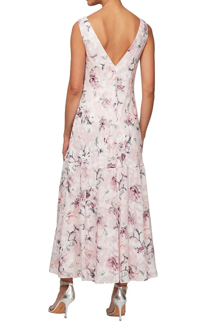 Petite Tea-Length Cowl Neck Printed Dress With High/Low Skirt And Shawl