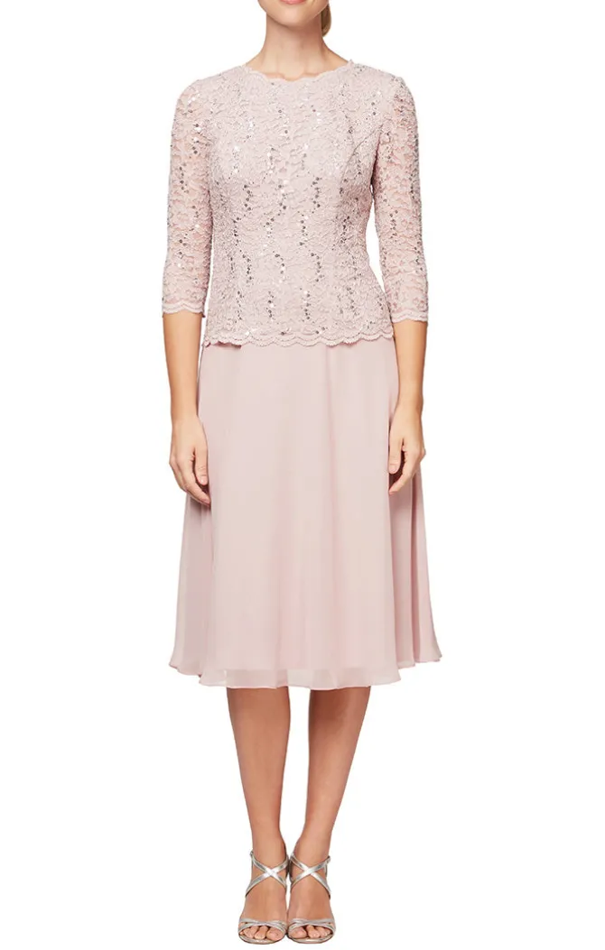 Petite Tea-Length Dress With Sequin Lace Bodice & Chiffon Skirt