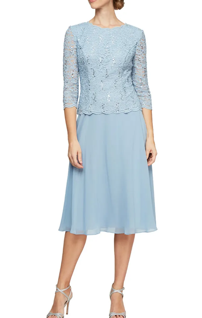 Petite Tea-Length Dress With Sequin Lace Bodice & Chiffon Skirt