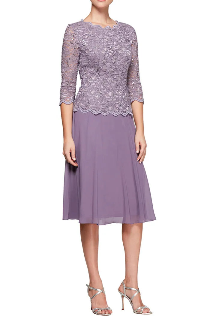 Petite Tea-Length Dress With Sequin Lace Bodice & Chiffon Skirt