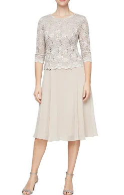 Petite Tea-Length Dress With Sequin Lace Bodice & Chiffon Skirt