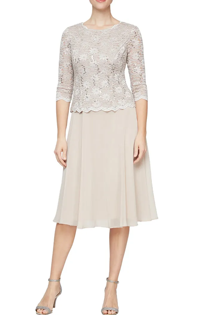 Petite Tea-Length Dress With Sequin Lace Bodice & Chiffon Skirt