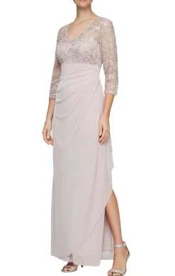 Petite V-Neck Empire Waist Dress With Illusion Sleeves & Cascade Ruffle Detail Skirt