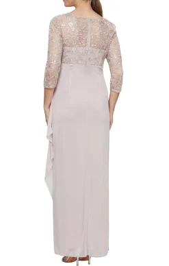 Petite V-Neck Empire Waist Dress With Illusion Sleeves & Cascade Ruffle Detail Skirt