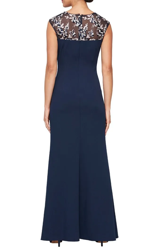 Petite V-Neck Stretch Crepe Gown With Embroidered Illusion Neckline & Cascade Ruffle Skirt