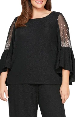 Plus 3/4 Sleeve Blouse With Beaded Illusion Detail And Cascade Bell Sleeves