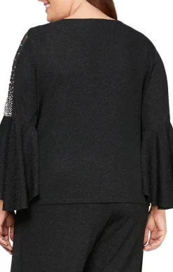 Plus 3/4 Sleeve Blouse With Beaded Illusion Detail And Cascade Bell Sleeves