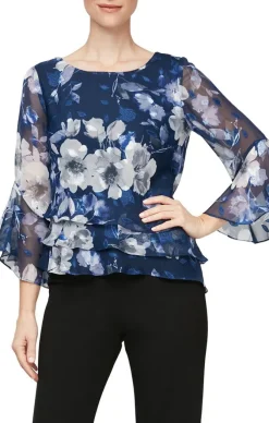 Plus 3/4 Sleeve Printed Blouse With Bell Sleeves And Asymmetric Triple Tier Hem