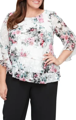 Plus 3/4 Sleeve Printed Chiffon Blouse With Triple Tier Asymmetric Hem & Bell Sleeves