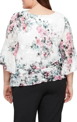 Plus 3/4 Sleeve Printed Chiffon Blouse With Triple Tier Asymmetric Hem & Bell Sleeves