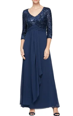 Plus A-Line V-Neck Lace & Chiffon Dress With Empire Waistline And Cascade Detail Skirt